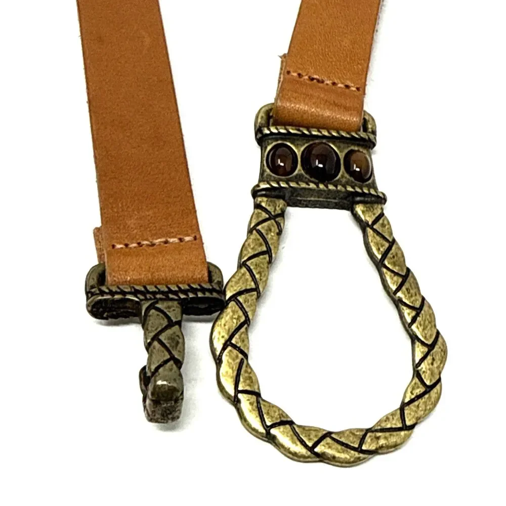 CHICO'S Leather & Brass Hook Buckle Belt Womens M/L Brown Gemstones Adjustable